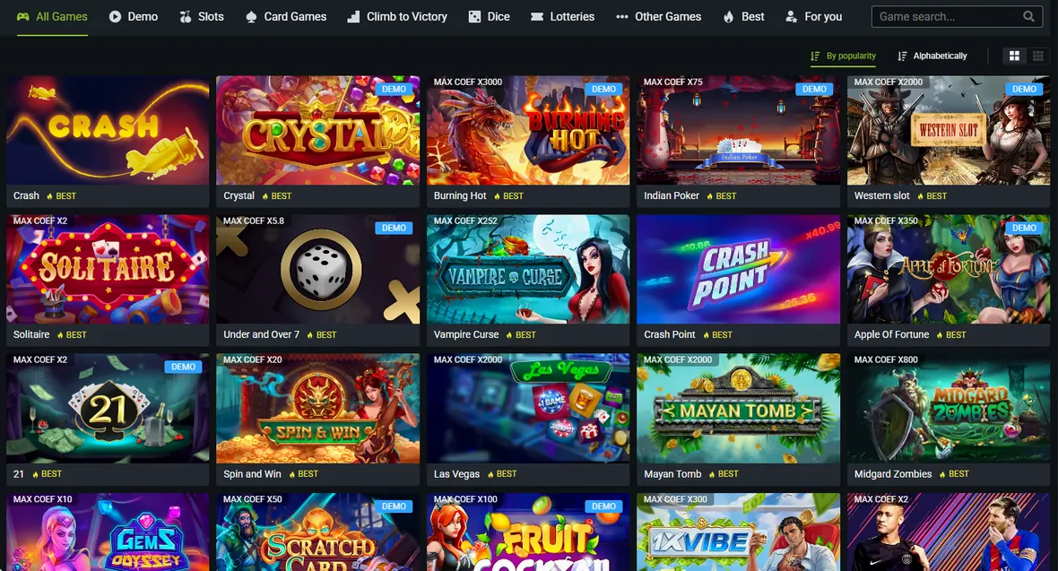 the game catalogue inside the 1xGames section