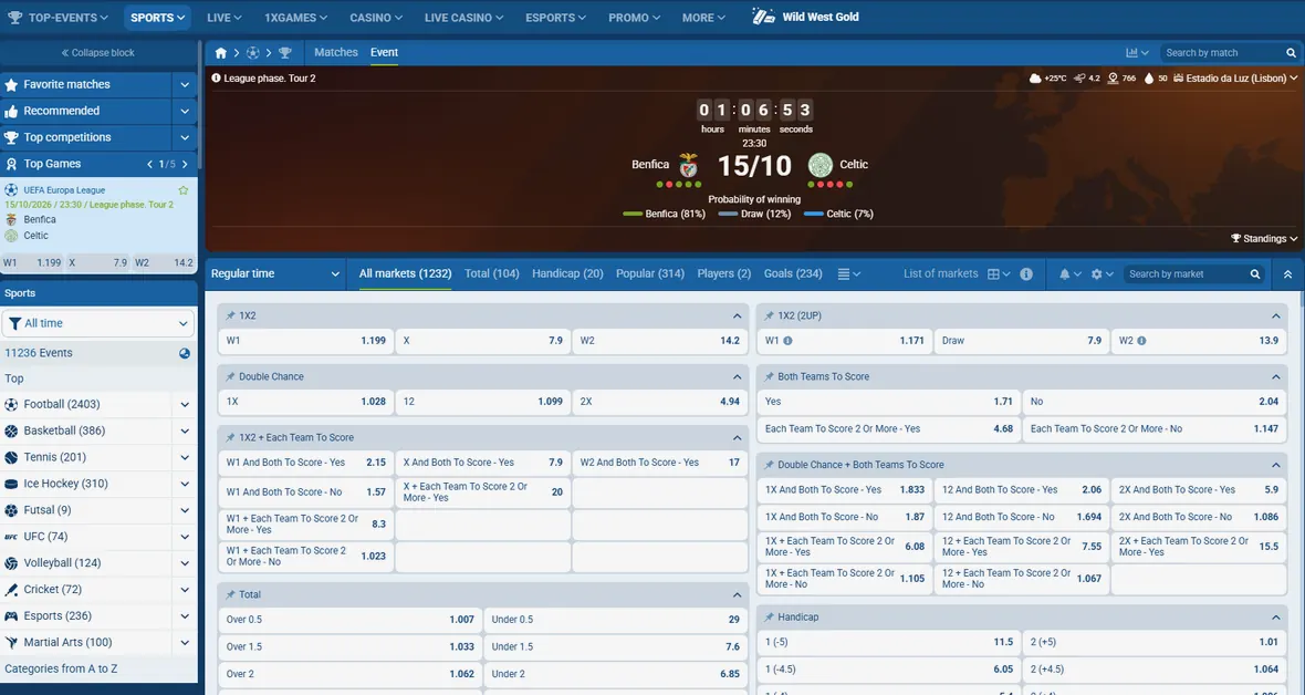 1xbet maç kartı ve açık market listesi